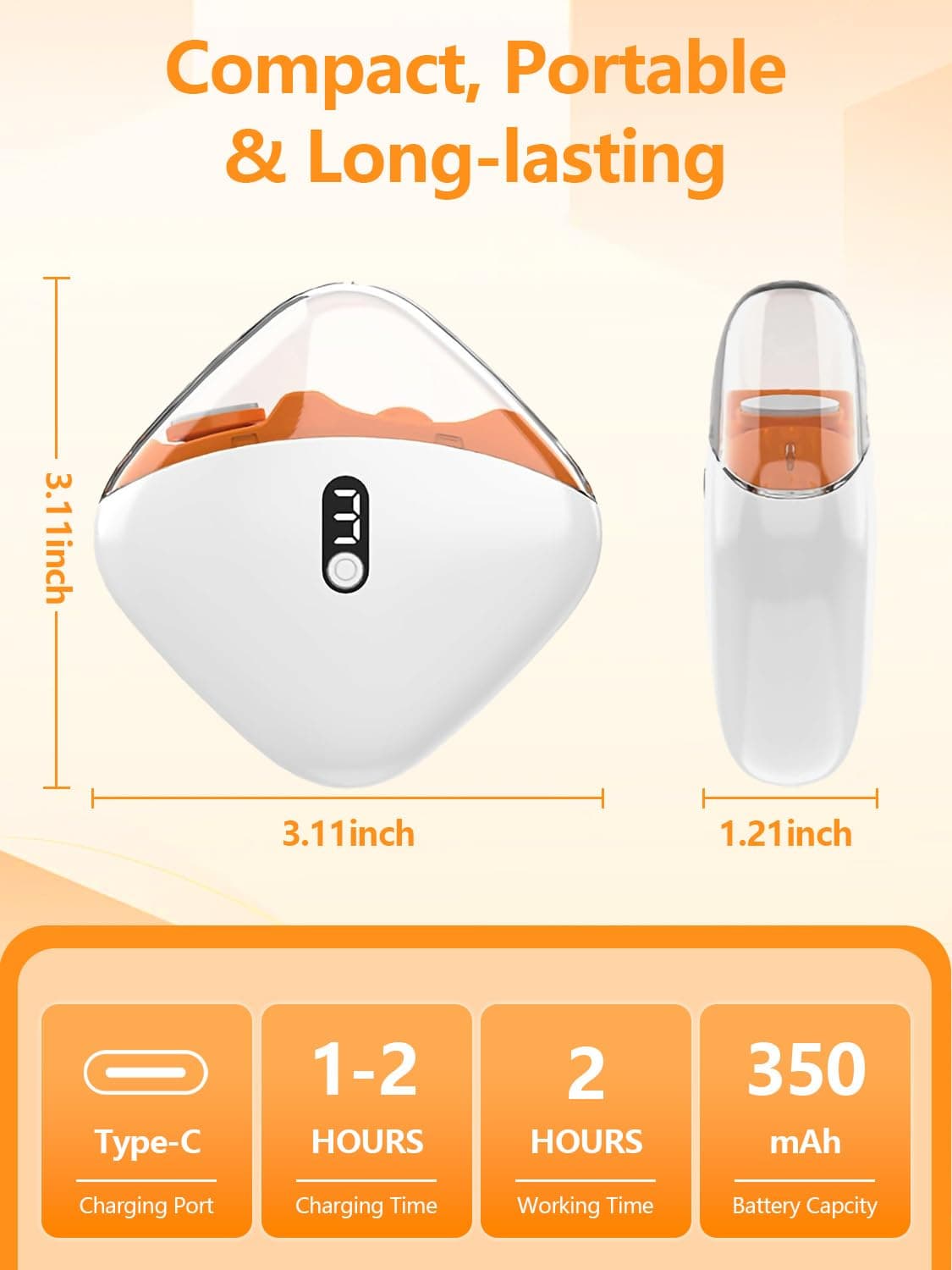Cortauñas Eléctrico Nuevo 2026, Cortauñas y Pulidor Eléctrico 2 en 1 Con 3 Velocidades, Compartimento para Uñas, Carga USB-C, Lluminación Auxiliar LED, Para Bebés, Adultos y Personas Mayores (Naranja) — view 5
