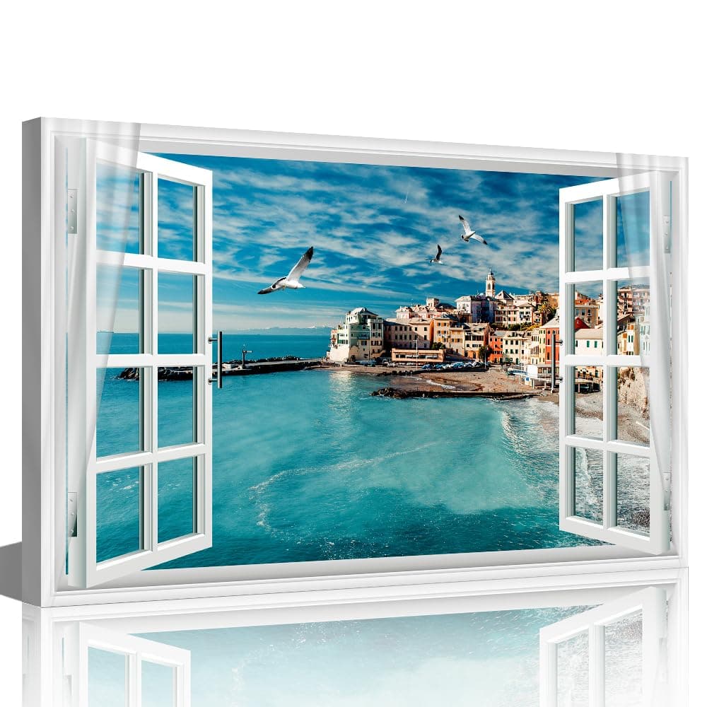 TISHIRON 3D Window View Seaside Effect Canvas Wall Art Prints for Living Room Bedroom Decor Office Kitchen Home Decoration Framed Ready to Hang 12x18inch — view 29