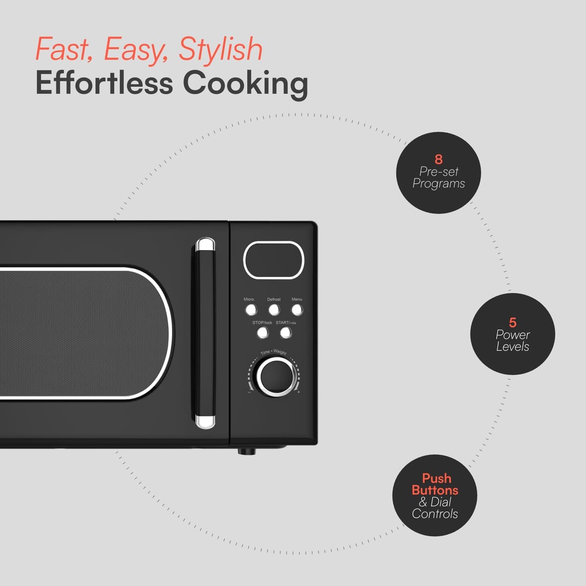 Cookology RETDD20BK Freestanding Retro Microwave - 20 Litre Capacity - With 25.5cm Turntable - 800W Microwave - 8 Auto Cooking Programs - 5 Cooking Power Levels - Defrost Setting - Black — view 3