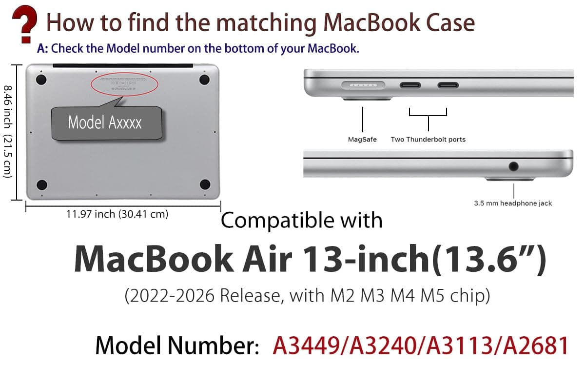 UESWILL Compatible with MacBook Air 13 inch M5 M4 M3 M2 Case 2022-2026 Model A3449 A3240 A3113 A2681 Mac Air 13.6 Matte Hard Shell Case Cover + Microfiber Cloth, Black — view 2