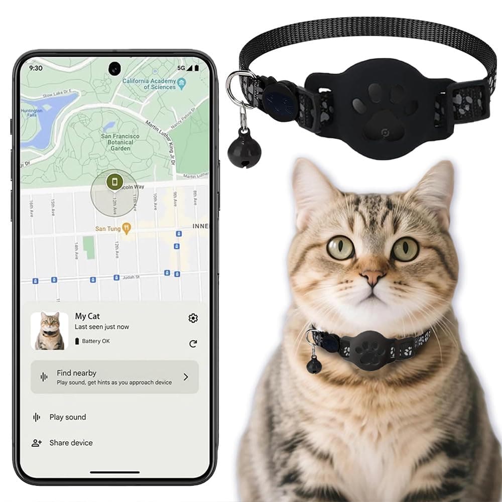 Collar GPS Gatos, GPS para Gatos sin Cuota Mensual, No Requiere SIM (Solo Android), Collar Localizador Compatible con goo- gle Find My (Collar + rastreador Negra)