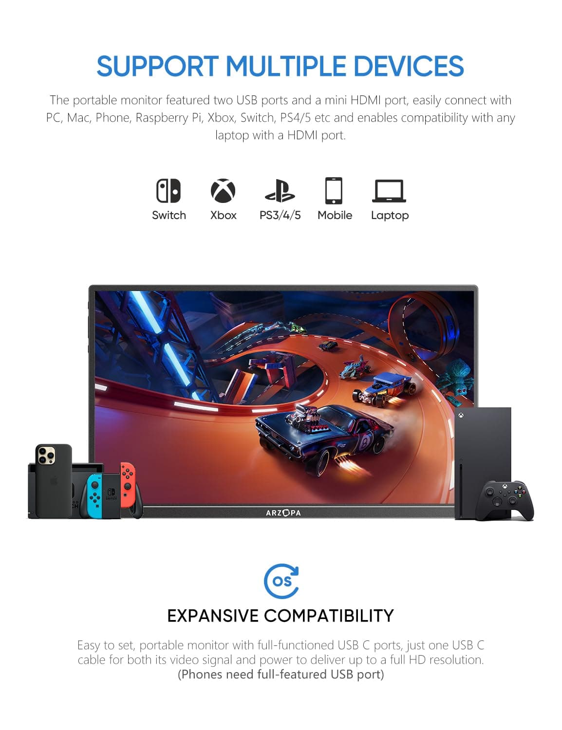ARZOPA Portable Monitor 14.0" 1920×1080 FHD IPS Portable Monitor for Laptop with Single-rod, Support HDMI/Type-C/USB-C, Eye Protection Gaming Screen for Laptop/PC/Mac/PS3/4/5/Xbox - A1S — view 6