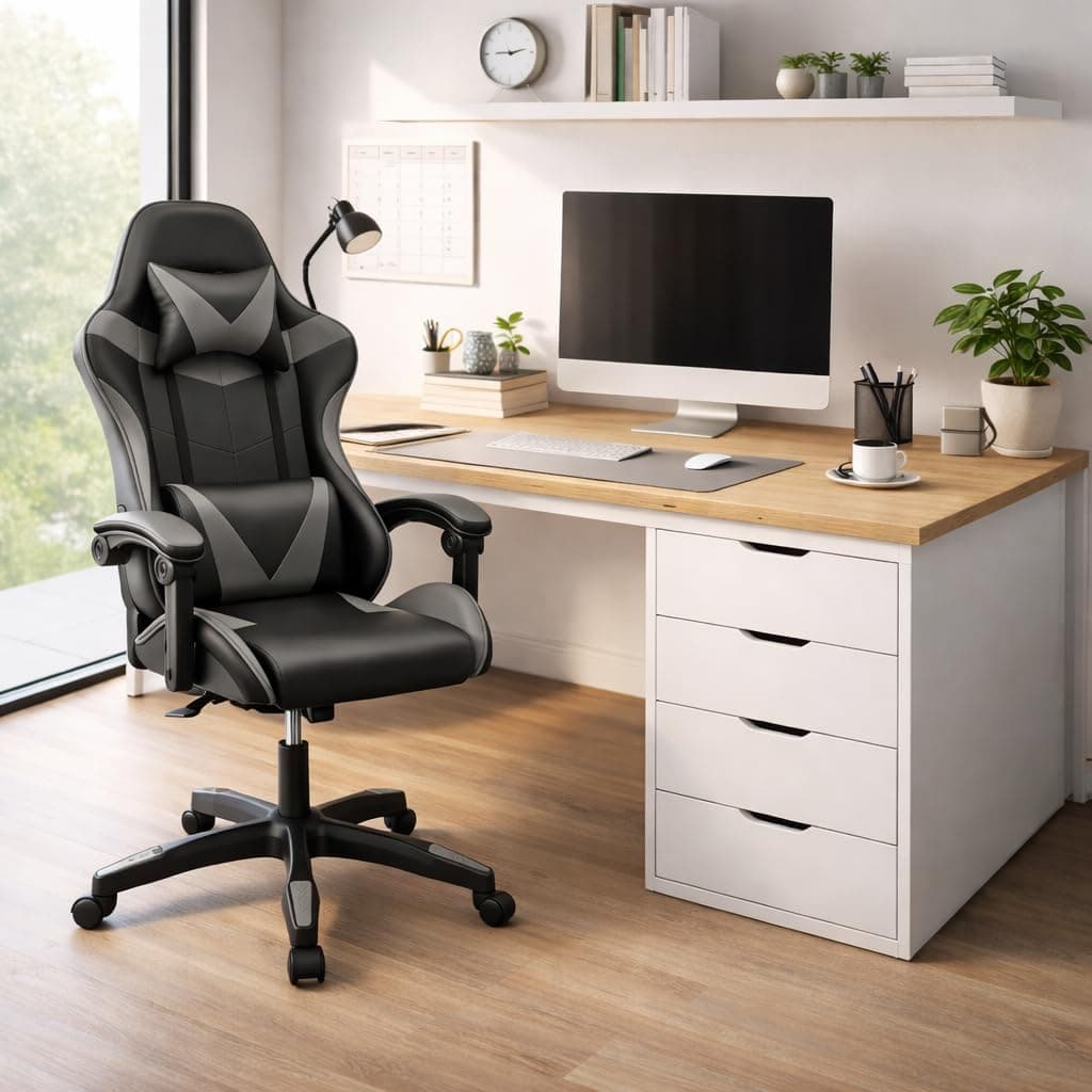 Silla Gaming Ergonómica Reclinable con Cojín Lumbar y Cervical | Altura Ajustable, Reposabrazos Acolchados, Ruedas 360° | Ideal para Oficina, Escritorio, Teletrabajo, Estudio, Juego, Ordenador — view 2