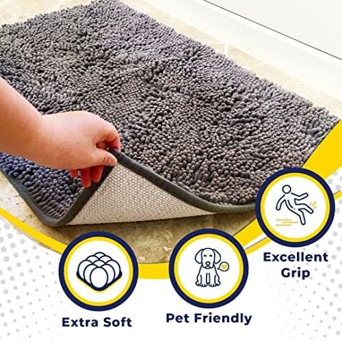 Muddy Mat® AS-SEEN-ON-TV Highly Absorbent Microfiber Door Mat and Pet Rug, Non Slip Thick Washable Area and Bath Mat Soft Chenille for Kitchen Bathroom Bedroom Indoor and Outdoor - Grey Small 28"X18"
