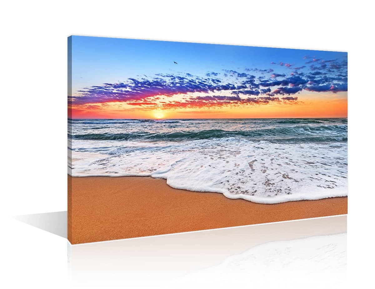 TISHIRON Wall Art Sandy Beach Sunrise Pictures Painting on Canvas Wall Art Modern Framed Seaside Canvas Prints Ready To Hang(24X16in) — view 40