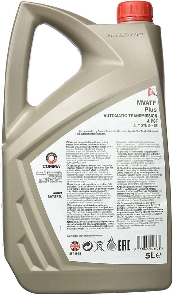 Comma Fully Synthetic Automatic Transmission & Power Steering Fluid Oil MVATF 5L 5 LITRE — view 2