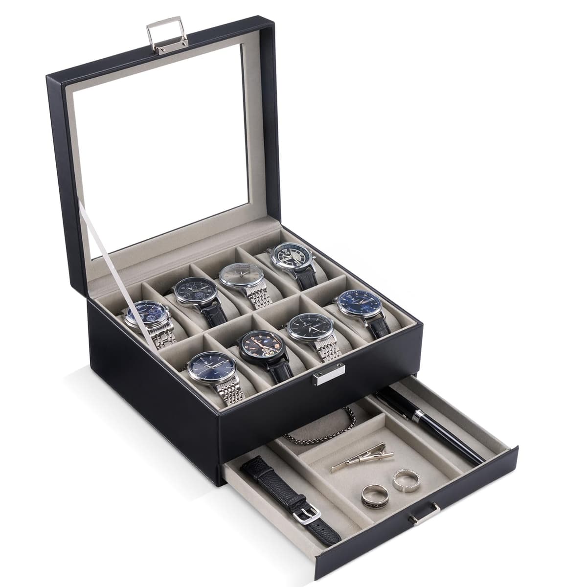 ProCase Caja de Relojes de 6 Ranuras con Cajón, Funda Organizadora de Reloj de 2 capas con Tapa de Cristal, Estuche de Almacenamiento para Hombres y Mujeres -Negro — view 23