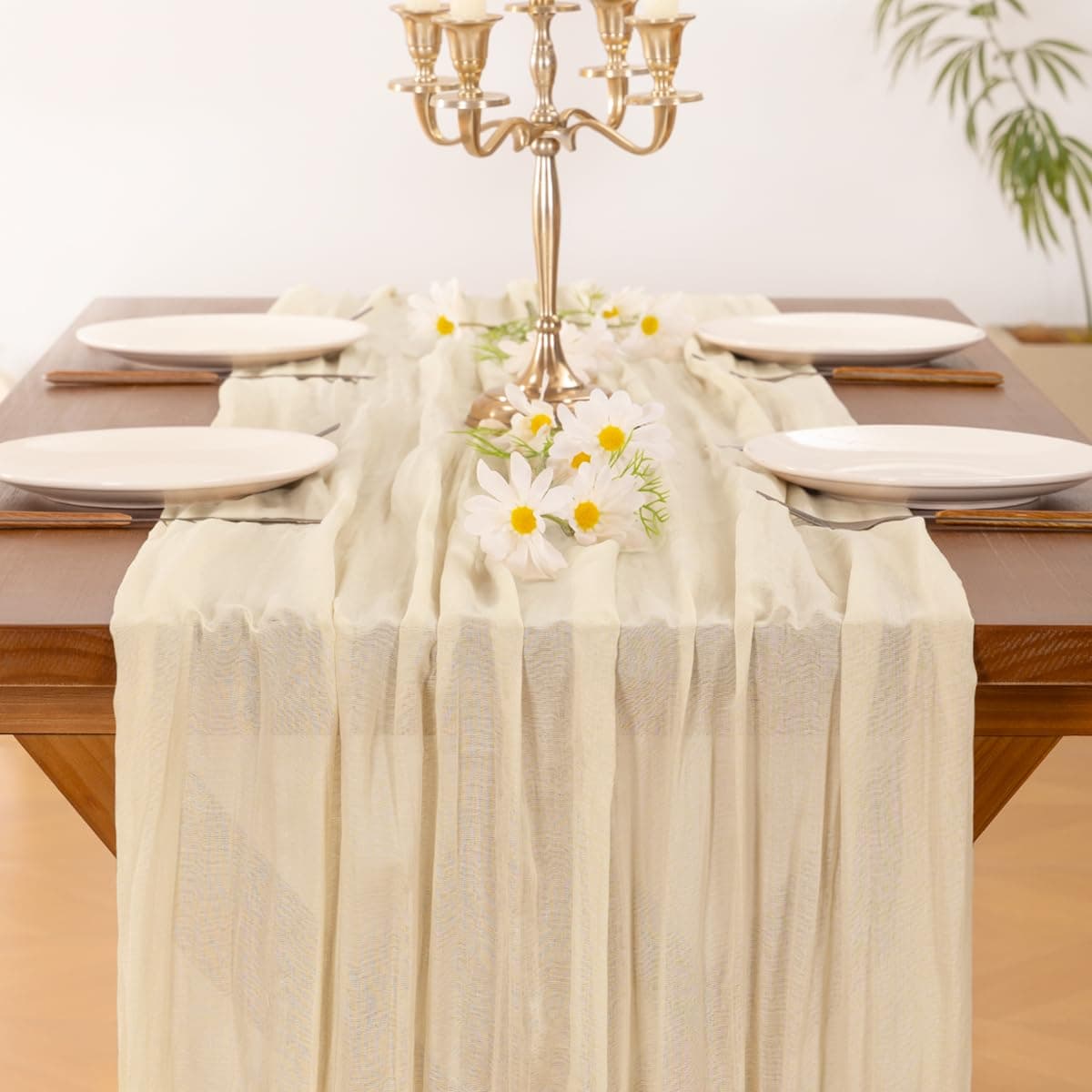 Socomi Beige Cheesecloth Table Runner Easter Spring Boho Rustic Gauze 120 inch 10FT Cheese Cloth Runner for Wedding Party Baby Shower Birthday Home Decor Holiday Decorations — view 5
