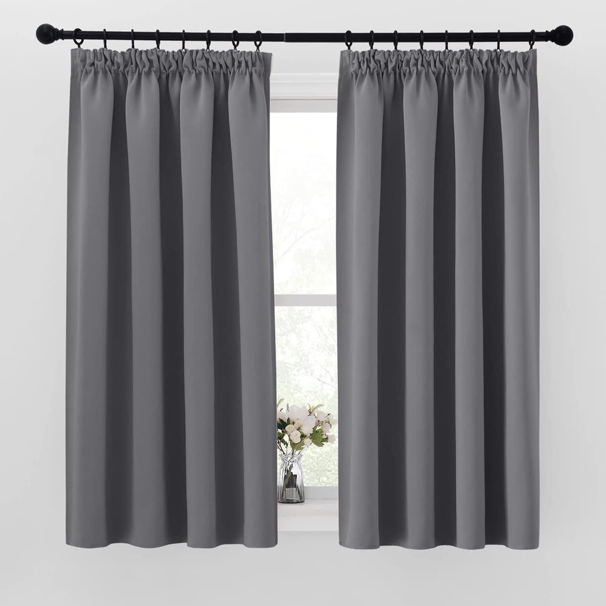 PONY DANCE Pencil Pleat Blackout Curtains Grey Thermal Insulated Curtains 46x54 Inch Drapes for Bedroom, Kitchen, Short Window Curtains with Hooks for Track Rail, W46 X L54, 2 Panels — view 2