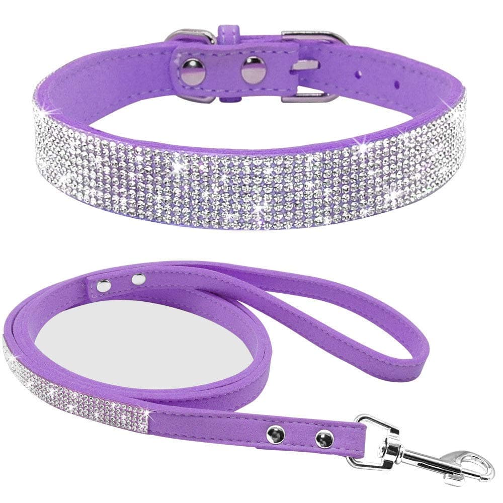 Cute Dazzling Sparkling Elegant Fancy Soft Suede Leather Bling Rhinestone Crystal Jeweled Pet Cat Dog Puppy Collar Dog Leash Combo Set (L, Purple)