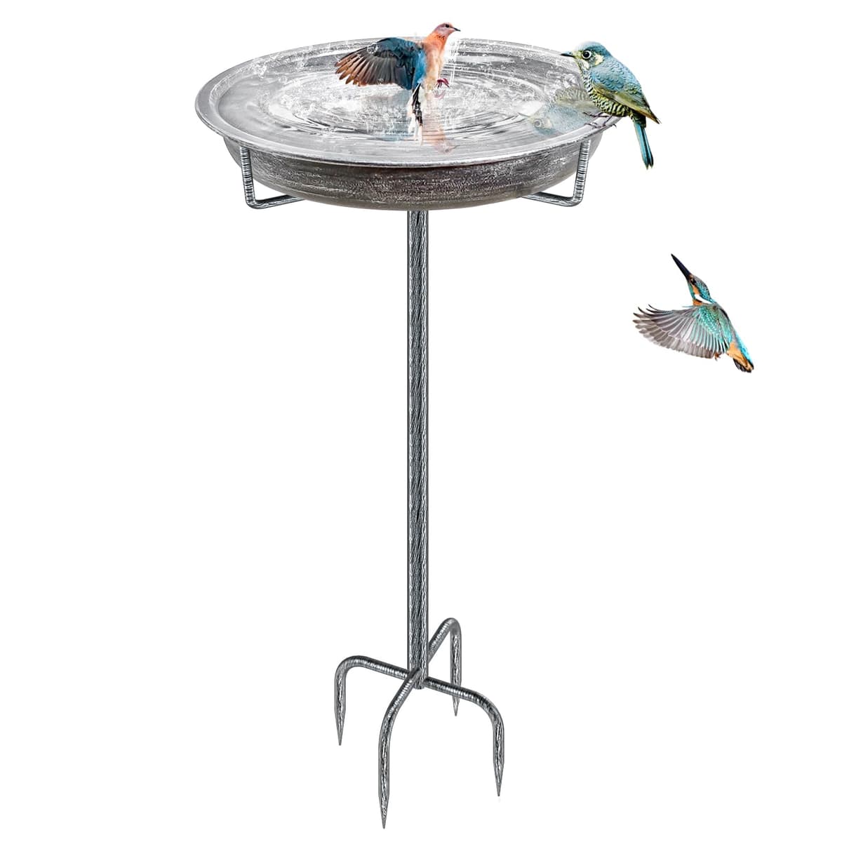 Bird Bath for Outdoors, Metal Garden Birdbath Bowl for Outside with 4 Prongs Base Stake, Bird Feeder for Garden Yard Lawn Deco (Retro Silver)