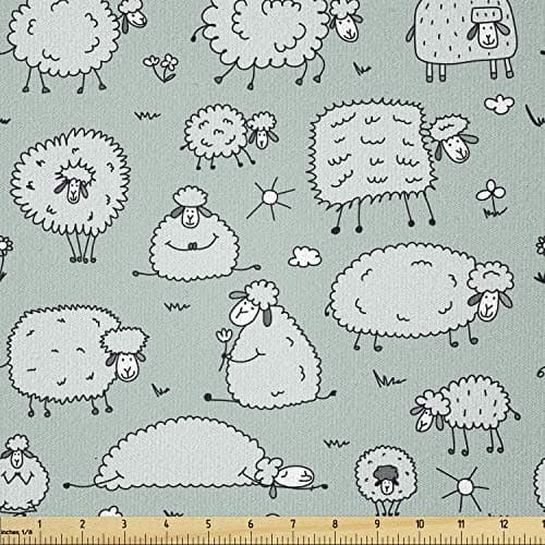 Ambesonne Cartoon Fabric by The Yard, Funny Animals Flock of Sheep Sitting and Sleeping Doodle Art, Stretch Knit Fabric for Clothing Sewing and Arts Crafts, 2 Yards, Pale Grey Green
