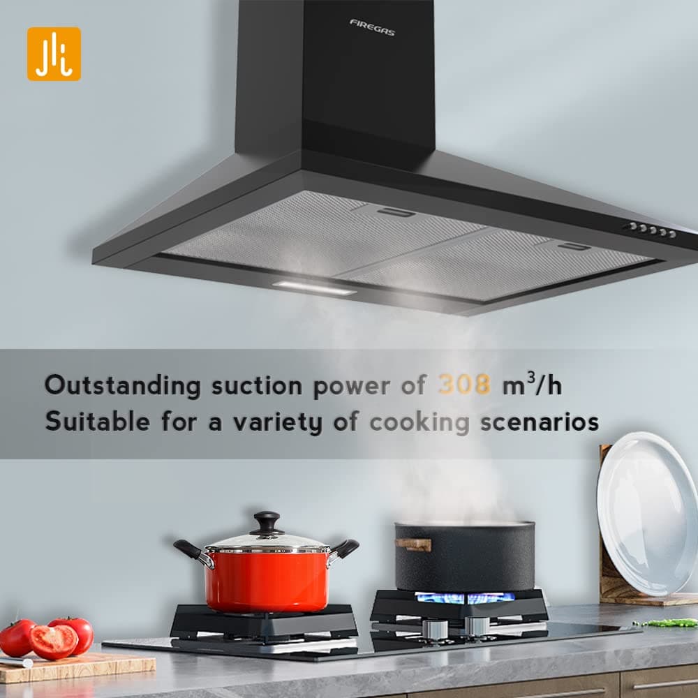 FIREGAS Black Chimney Cooker Hood 60cm with Carbon Filters Stainless Steel Wall Mounted Extractor Hood Recirculating & Ducting Extractor Fan Black Cooker Hood — view 2
