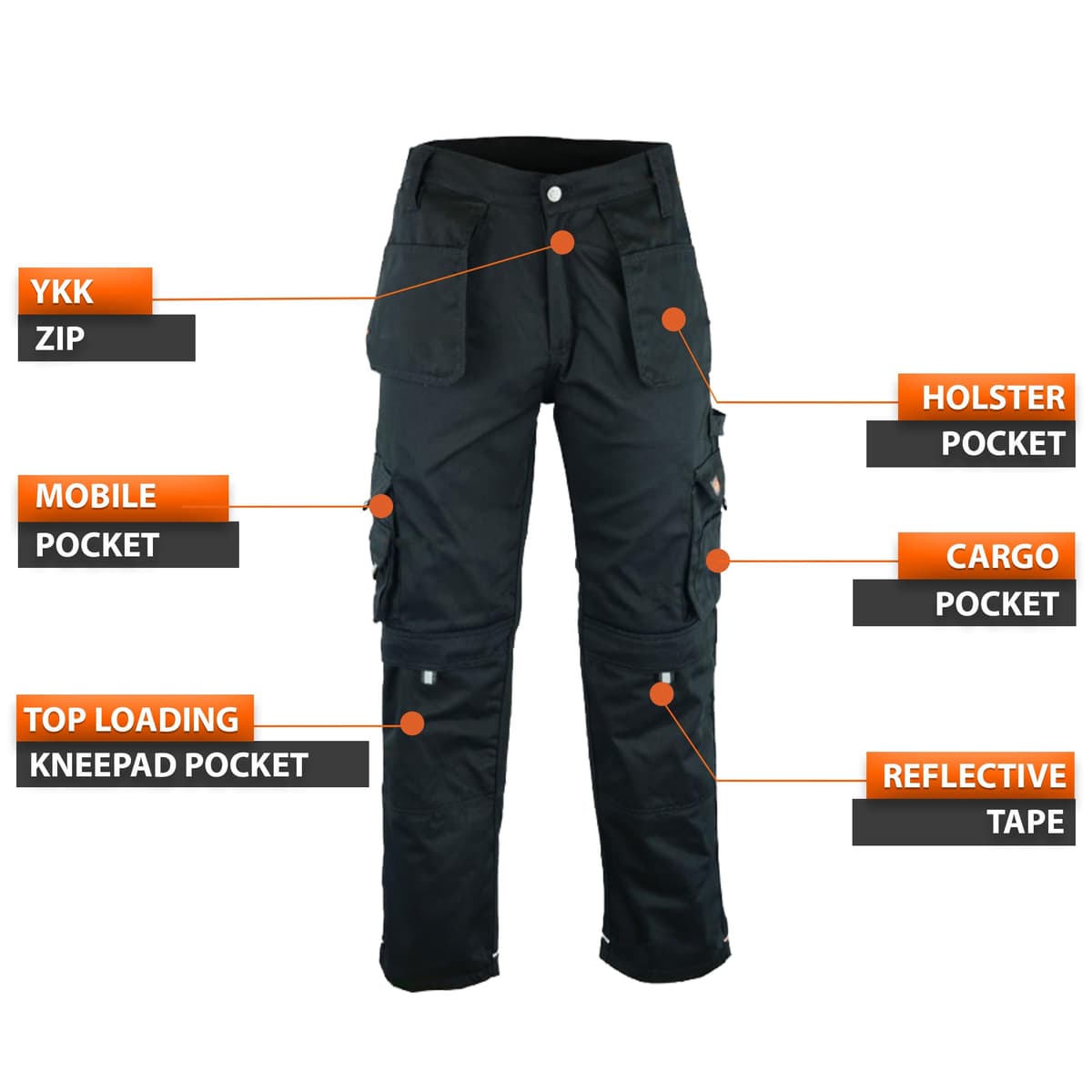 WrightFits Men Pro-11 Work Trousers Black - Heavy Duty Safety Combat Cargo Pant - Multi Pockets & Knee Pad Pockets - Triple Stitched -Durable Work wear (28W-48W) — view 3