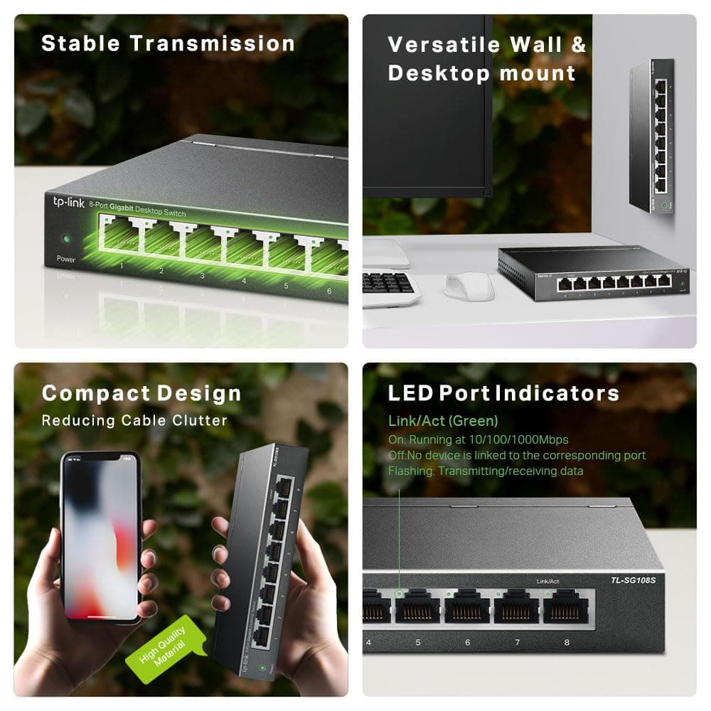 TP-Link TL-SG108S 8 Port Gigabit Network Switch, Power Saving, Plug & Play, Metal Case, Ethernet Switch, Ethernet Splitter, Support QoS & IGMP Snooping, Desktop or Wall Mount — view 4