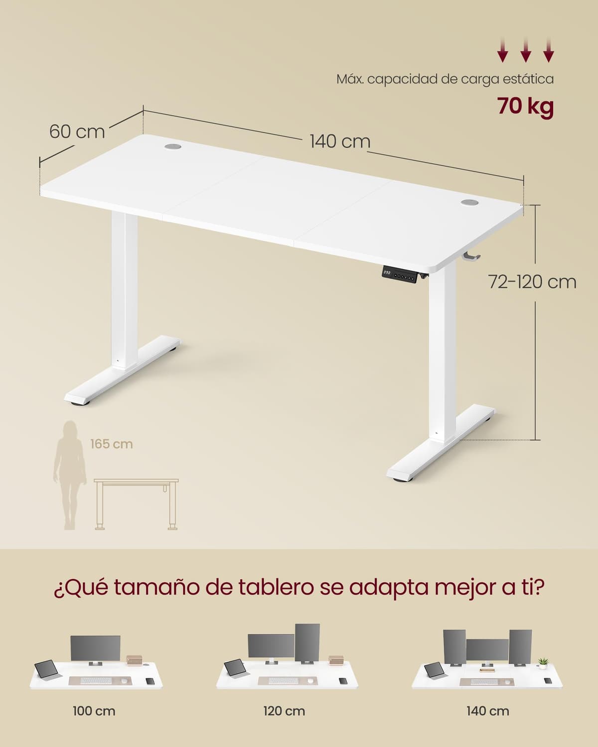 VASAGLE Escritorio Eléctrico Ajustable en Altura, Escritorio para Ordenador, Recordatorio de Sedentarismo, Función de Memoria con 4 Alturas, para Oficina, 140 x 60 cm, Blanco Nube LSD314WZ03 — view 3