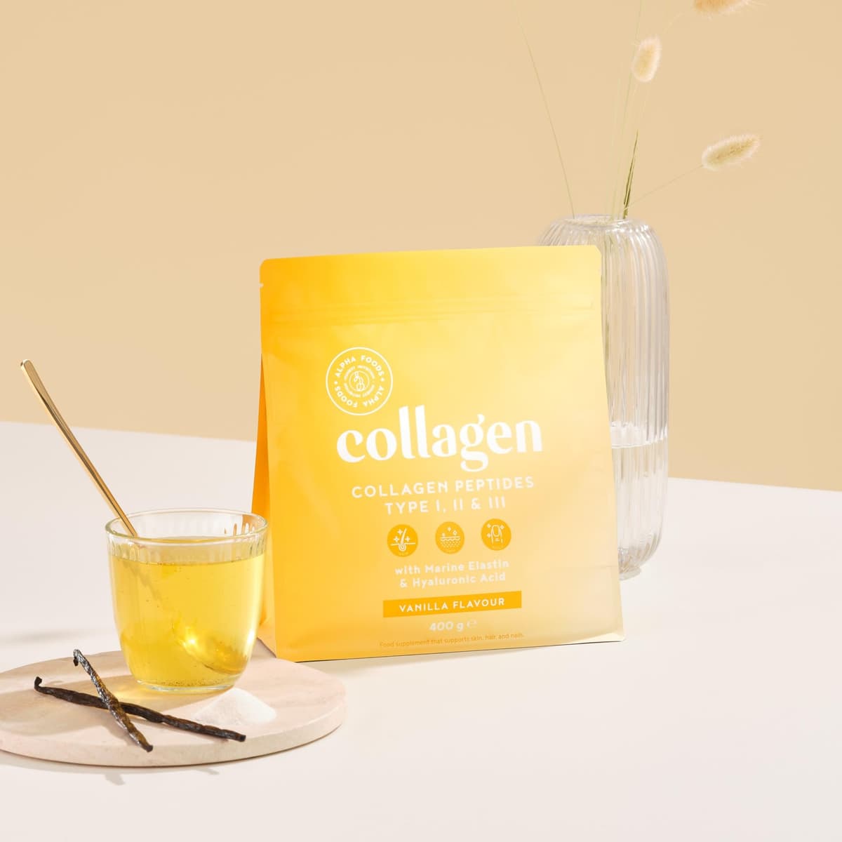 Colágeno en Polvo 400g | Péptidos de Colageno Hidrolizado con Acido Hialuronico y Elastina Marino | Collagen Peptides Tipos I, II, III | Sabor Vainilla | Alpha Foods — view 2