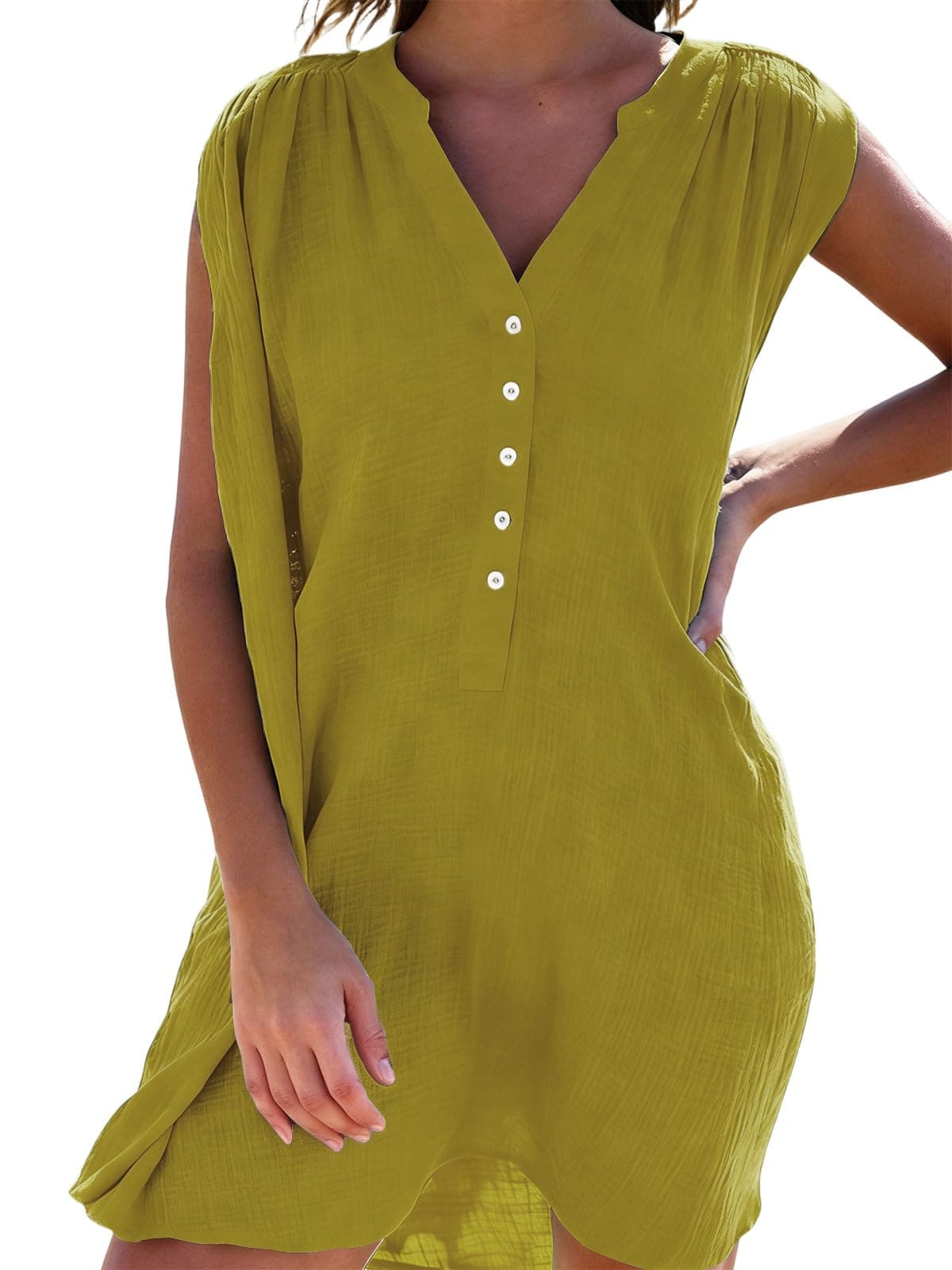 JFAN Camisolas Playa Mujer Verano Vestido de Playa Cuello V Camisa Sin Mangas Suelta de Bikini Cover Up Beachwear