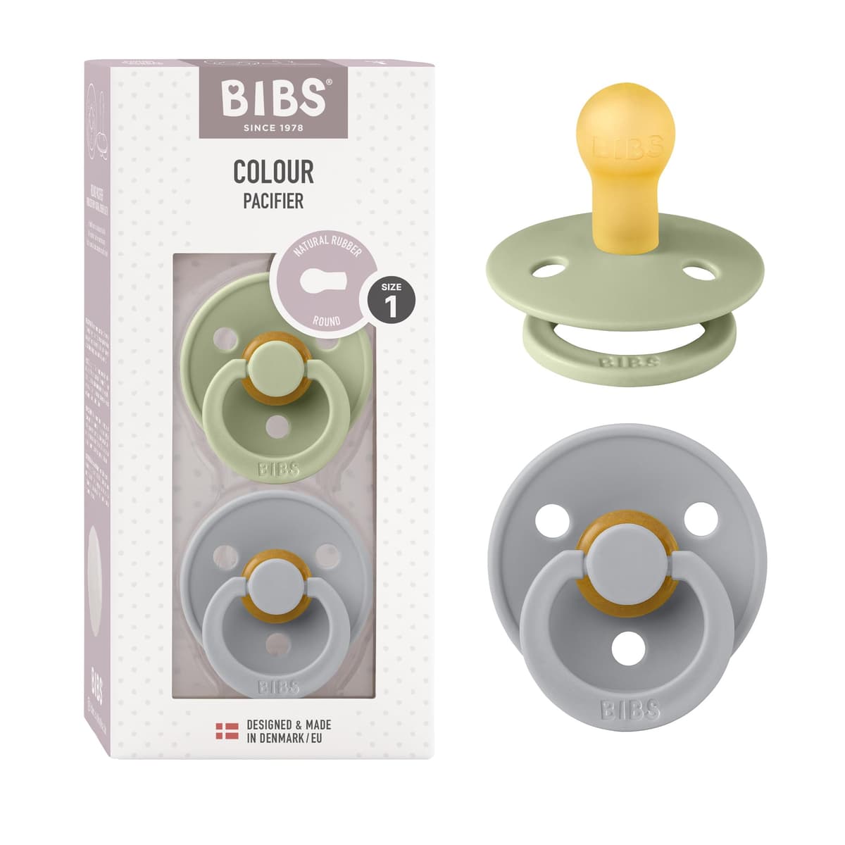 BIBS Colour Soother 2-Pack, BPA Free Dummy Pacifier, Round Nipple. Natural Rubber Latex, Size 2 (6-18 Months), Sky Blue/Steel Blue — view 97
