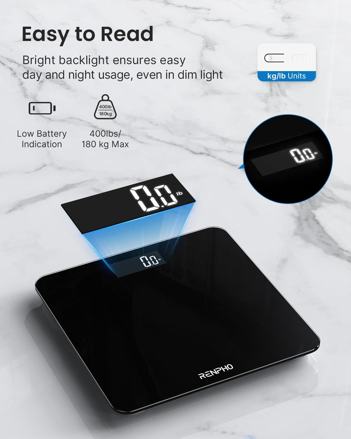 Báscula De Baño Digital RENPHO, Báscula De Peso Corporal De Alta Precisión Con Pantalla Iluminada, Graduación de 0,1 lb (50 g) precisión, Tecnología Step-On, 180kg/400lb, Negro, Core 1S — view 3