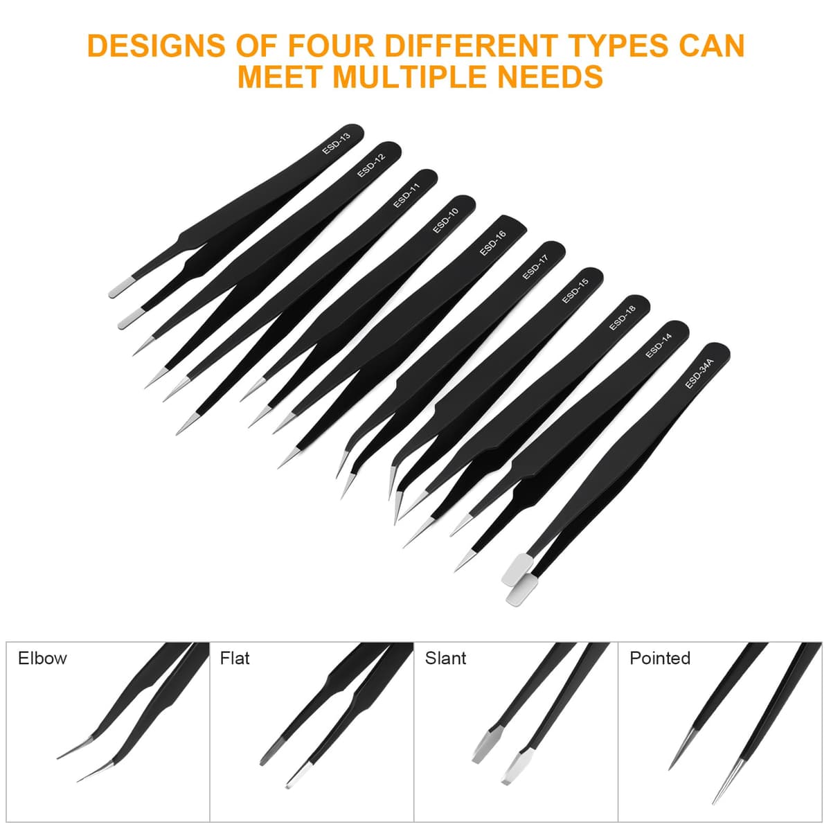 Ainiv Kit 12 Pcs Pinzas de Precisión, Tweezers ESD Anti-Estáticas de Acero Inoxidable Electrónicas, Trabajo de Laboratorio, Joyería, Maintenance Tools, Negro — view 3