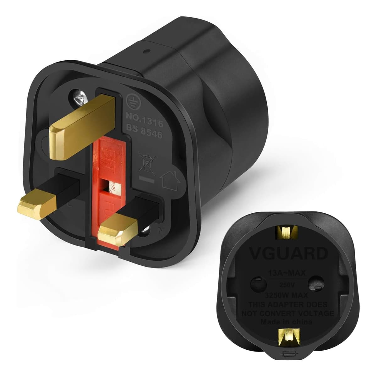 VGUARD European to UK Plug Adaptor, BS8546 Certified Travel Adapter 2-Pin to 3-Pin, EU Schuko to UK Plug with 13A Fuse for Europe French Spanish German Turkish to UK Socket, 1 Pack - White — view 10