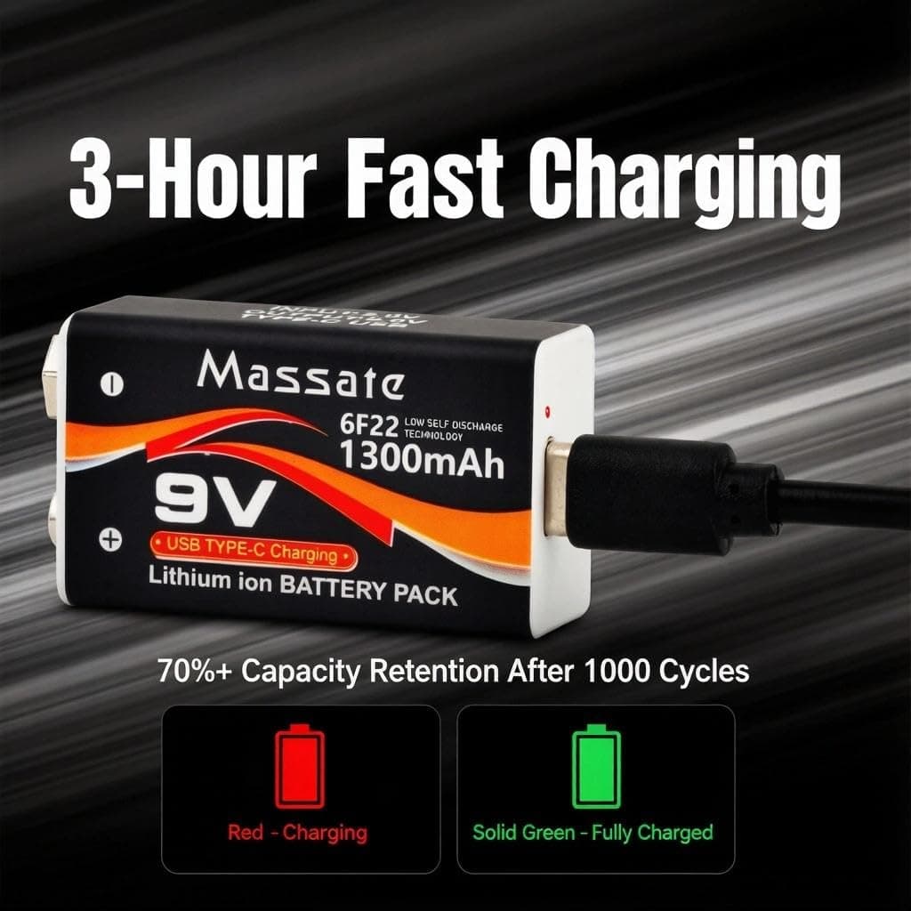4 Pcs 9V Rechargeable Batteries 1300mAh, USB C Rechargeable Lithium Ion Battery with 4 in 1 Charging Cable, Long Lasting 9 Volt Battery for Smoke Detector, Guitar Pedal, Microphone — view 4