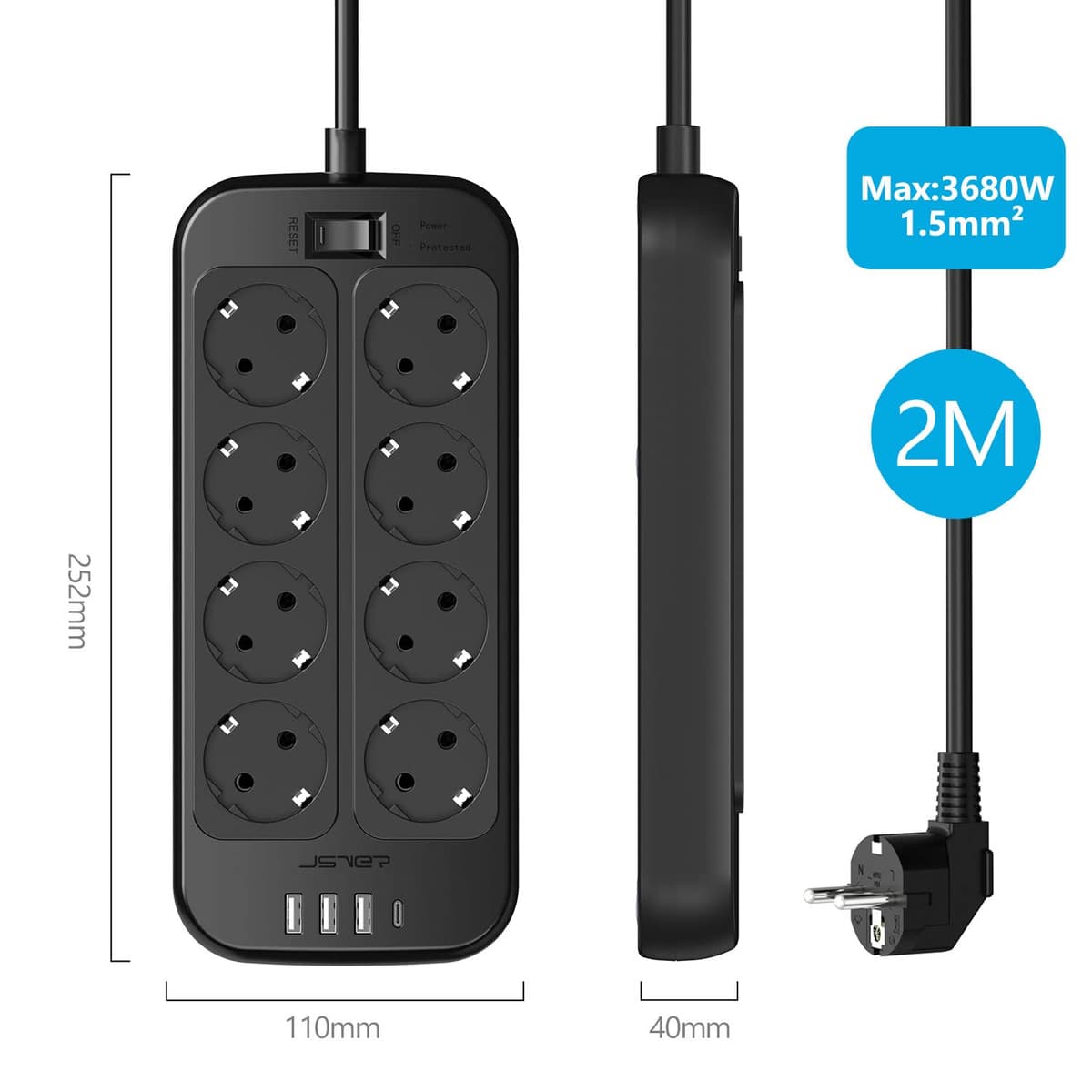 JSVER Regleta Enchufes USB, Proteccion Sobretension con 8 Toma de Corriente y 4 Puertos(5V3,4A) Estación de Carga Inteligente Tomas Alargadora con Cable 1.8m-Negro — view 6