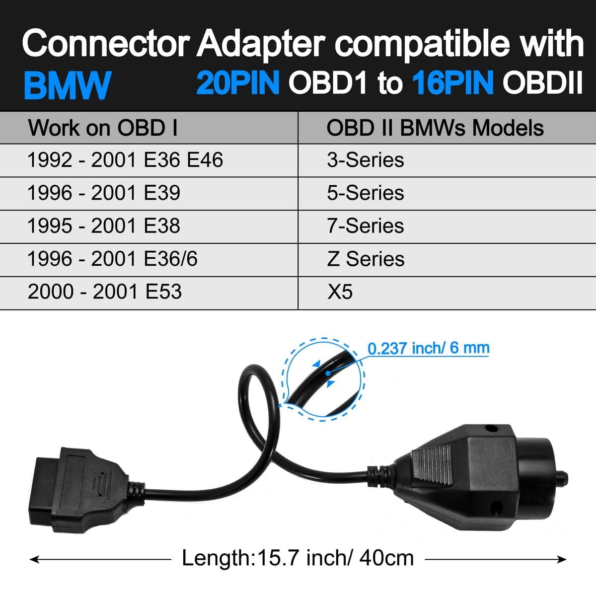 OBD OBD2 16 Pin Connector Diagnostic Adapter for BMW 20 Pin — view 2