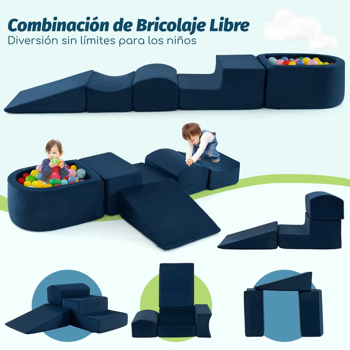 COSTWAY Juego de Escalada y Rampa de 5 Piezas, Bloque de Escalada con Piscina de Pelota Infantil, Funda Lavable a Máquina con Cremallera, Bloques de Construcción, Sin Pelotas de Mar(Marina de Guerra) — view 2