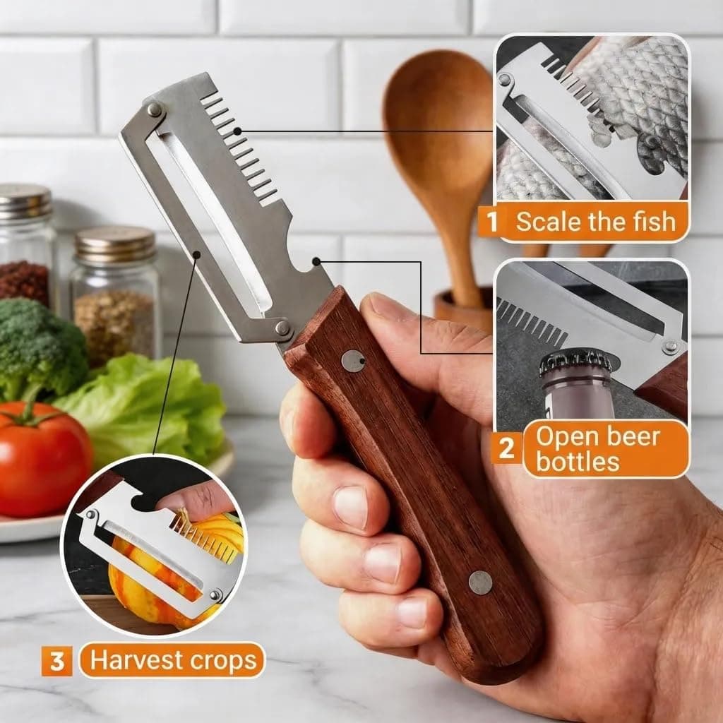 Pelador Multifuncional de Cocina,Peladores Patatas Serrado 3 en 1 Con Abridor de Botellas,Hoja de Acero Inoxidable y Mango de Madera de Frutas, Pepinos Para Verduras, Patatas y Zanahorias — view 3