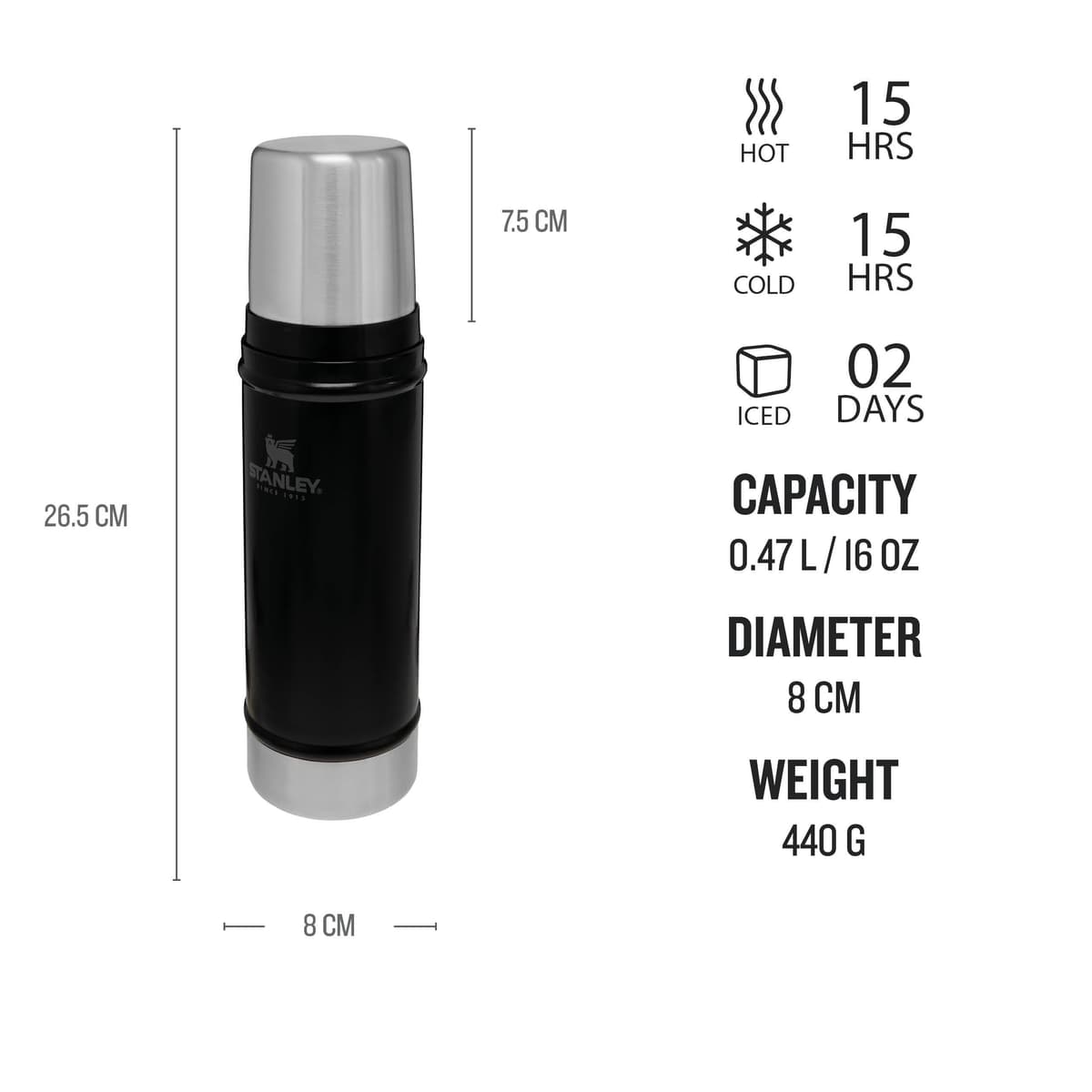 Stanley 1913 Classic Legendary Thermal Flask 0.47L - Keeps Hot Or Cold for 15 Hours - BPA-Free Insulated Bottle - Stainless Steel Coffee Flask - Leakproof - Dishwasher Safe - Matte Black — view 2