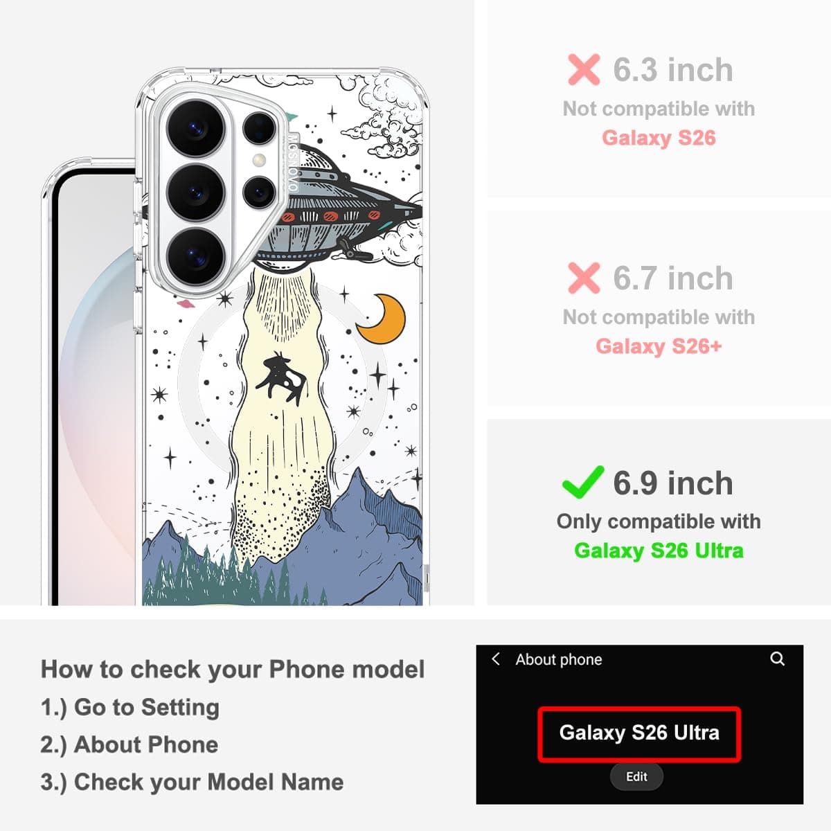 MOSNOVO for Samsung Galaxy S26 Ultra Clear Case, Fit for MagSafe, 6.6ft Military-Grade Shockproof Magnetic Protective Phone Cover - UFO — view 2