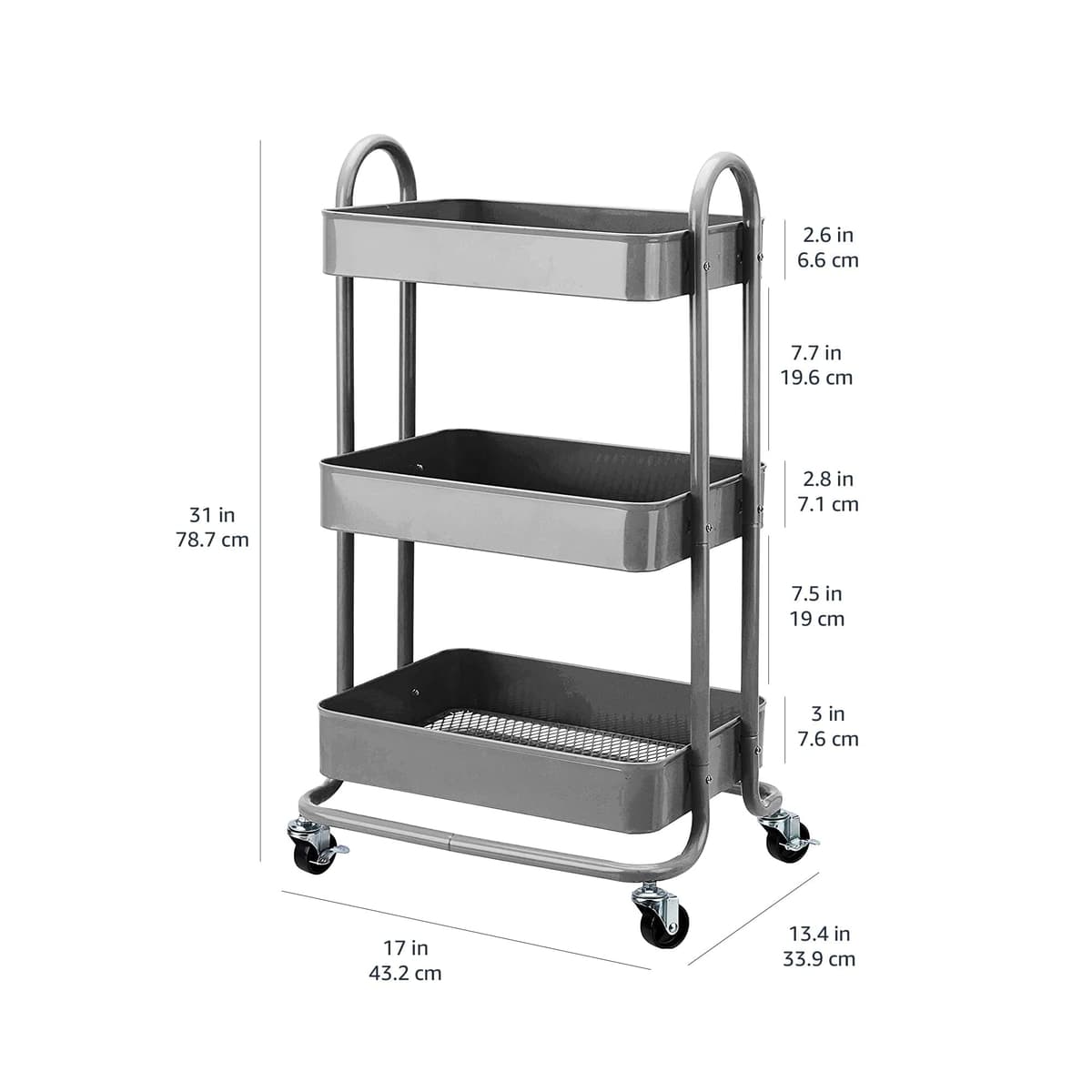 Amazon Basics Carrito de cocina o multiuso de 3 estantes con ruedas, Gris Oscuro — view 8
