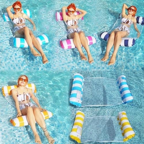 Inflatable Pool Float Hammock for Adults – 4-in-1 Floating Water Lounger with Headrest & Footrest – Portable Mesh Floatie for Pool, Beach, Lake – Rose & White Striped Water Hammock Chair — view 5