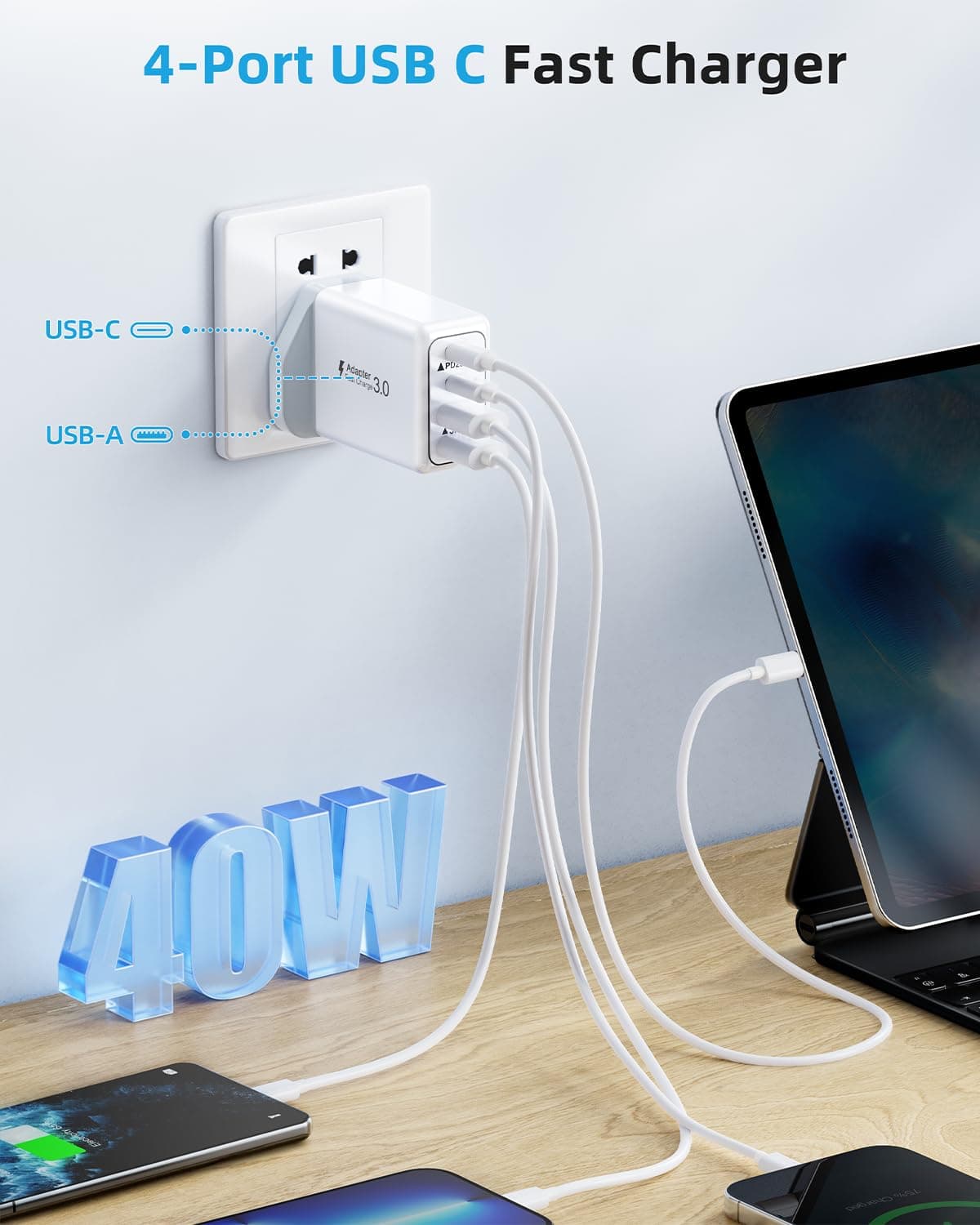 USB C Plug, 40W 4-Port Fast Charger Plug UK Dual Port PD Power Adapter +QC Multi Mains Wall Charger Type C Charging Plug for iPhone 16 15 14 13 12 11 Pro Max Plus XS XR SE,Samsung, iPad, AirPods — view 3