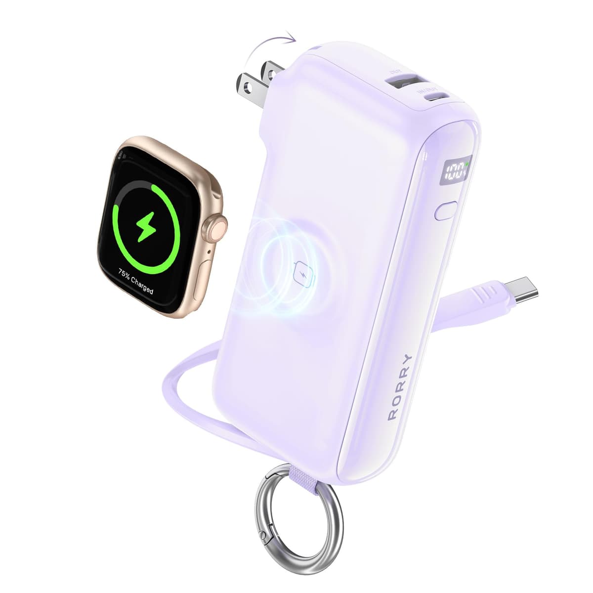 RORRY Flow Portable Charger, 10000mAh 40W Fast Charging Power Bank with Built-in USB C Cable and Foldable Wall Plug, Battery Pack Travel Essentials for iPhone 17/16/15, Apple Watch, iPad, MacBook — view 11