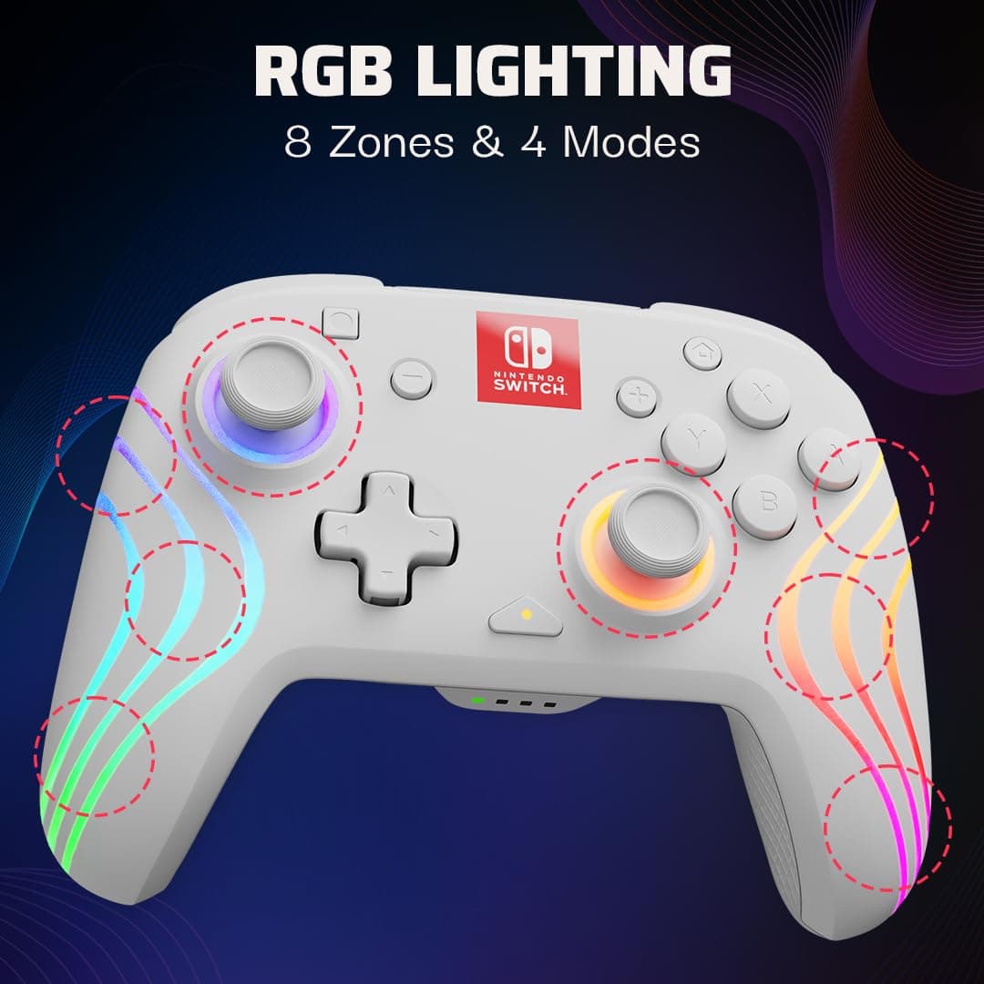 PDP Afterglow Wave Wireless Pro Controller with Full Motion for Nintendo Switch, Nintendo Switch - OLED Model, 8 RGB LED Lighting Zones, 30 Foot Range, 20 Hour Rechargeable Battery White — view 2
