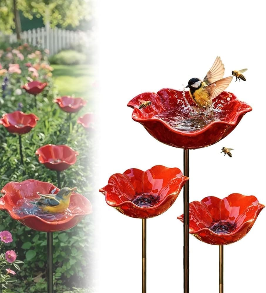 2026 New Handmade Metal Flower Garden Stake Bird Bath, Butterfly Bee Water Feeder with Flower Design, Colorful Outdoor Bird Bath Bowl for Yard, Lawn & Patio Decor (3pcs)