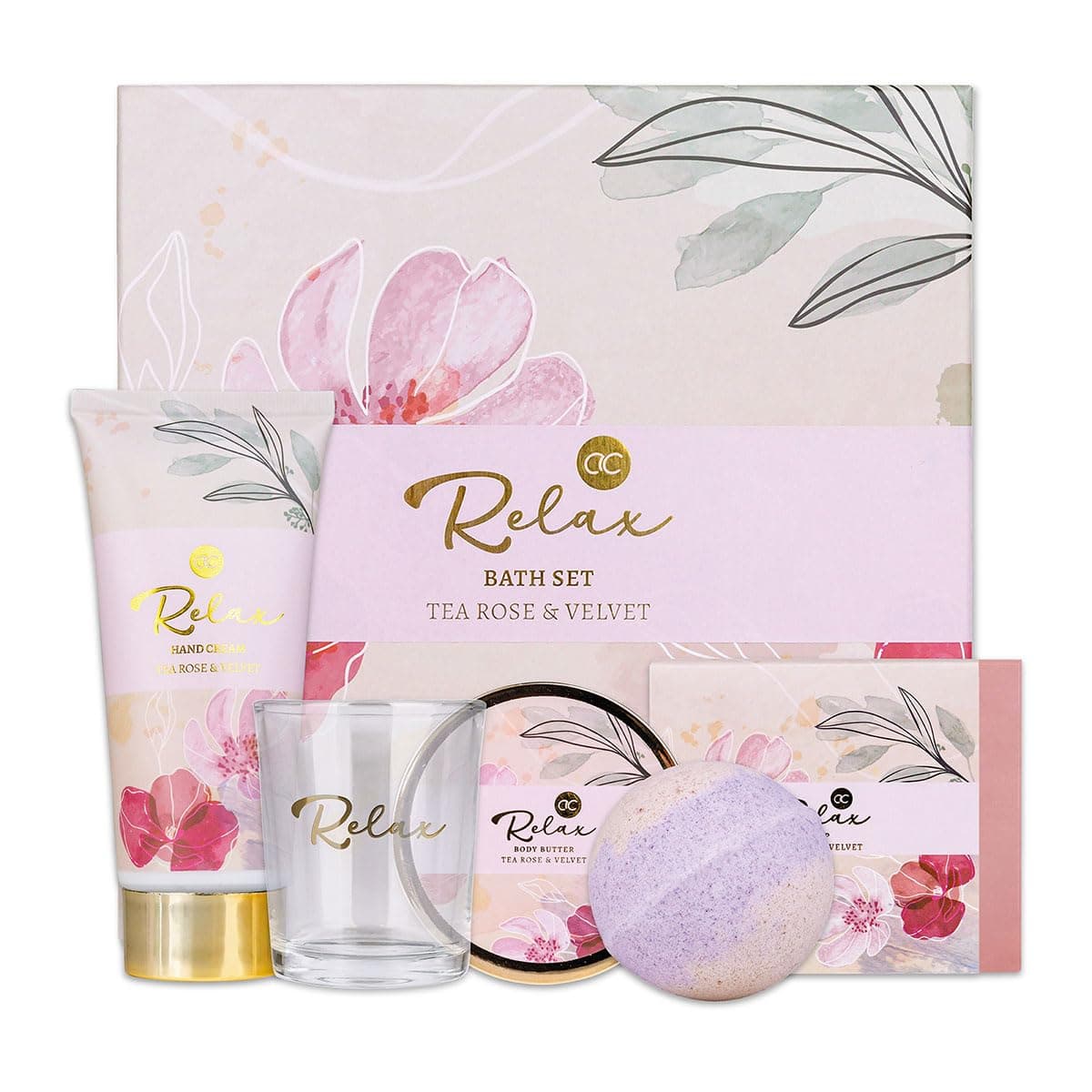 Accentra - Bath and treatment set RELAX gift box - Wellness gift kit 5 pcs for women - includes body butter, soap, hand cream, bath bomb and scented candle, scent: Tea Rose & Velvet