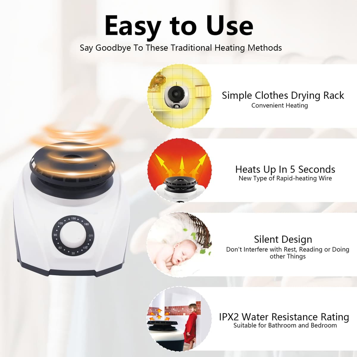 1200W Portable Electric Clothes Dryer Indoor, Heated Clothes Airer Drying Machine with 180 Min Adjustable Timer, 15KG Capacity Indoor Clothes Airer for Household Laundry, Apartments, White — view 5