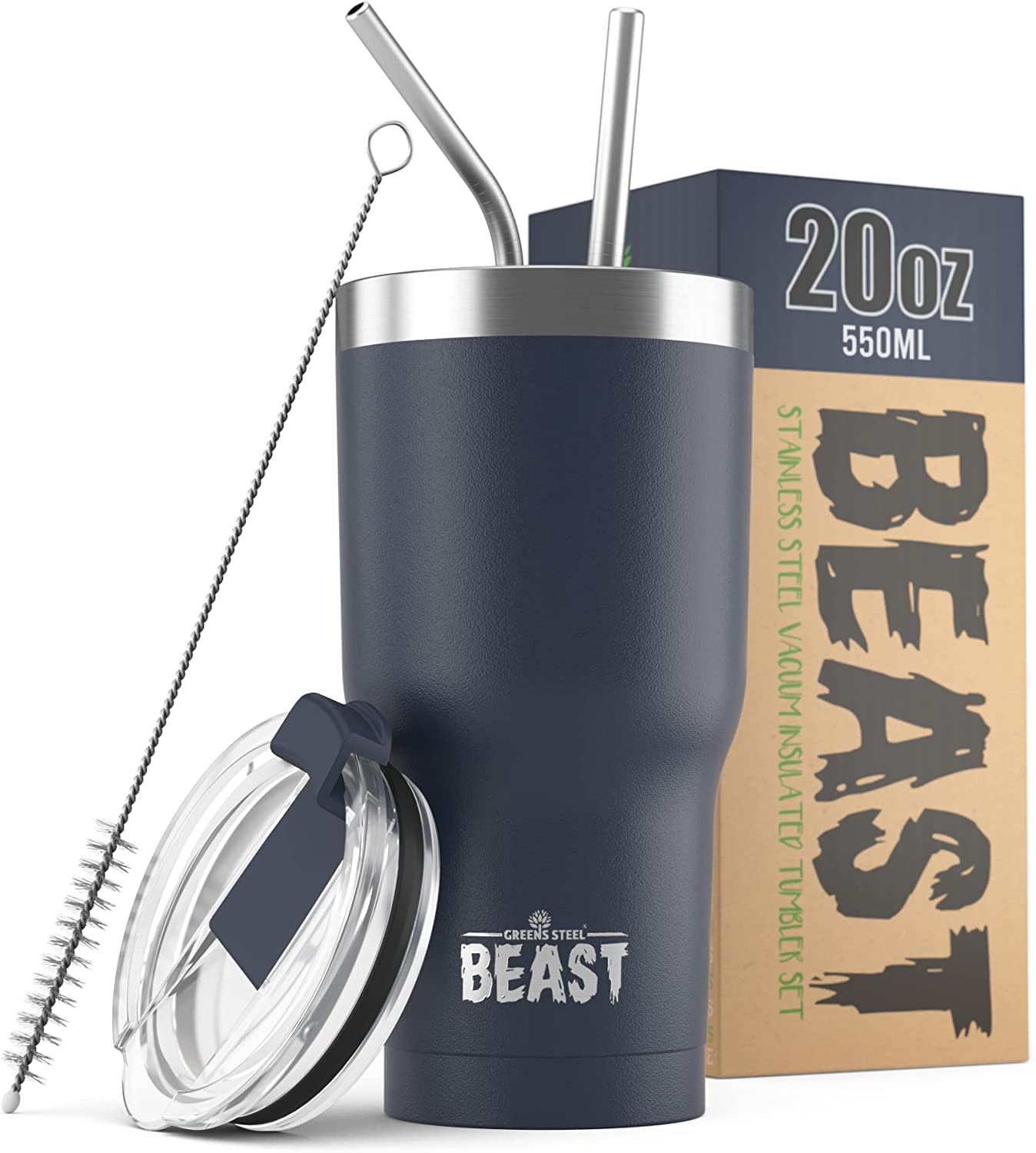 Greens Steel Beast Tumbler – 550 ml (20 oz), Coral | Vaso de acero inoxidable reutilizable con aislamiento al vacío | con 2 pajitas y cepillo de limpieza | Termo de viaje de doble pared — view 27