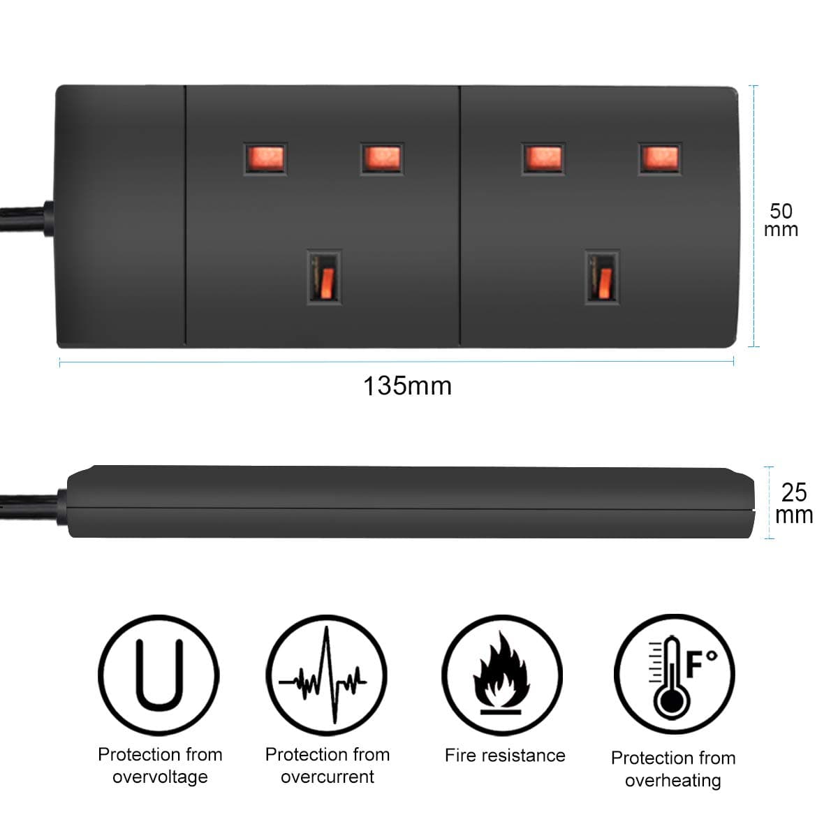 ExtraStar 2 Way Extension Lead, 13A Fused UK Plug Extension Socket, 5M Extension Cable Power Strip - Black — view 2