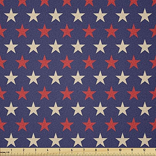 Ambesonne USA Fabric by The Yard, Vintage Patriotic True Blue Home Country My Land Birthday Retro Pattern, Stretch Knit Fabric for Clothing Sewing and Arts Crafts, 1 Yard, Dark Blue Cream Red