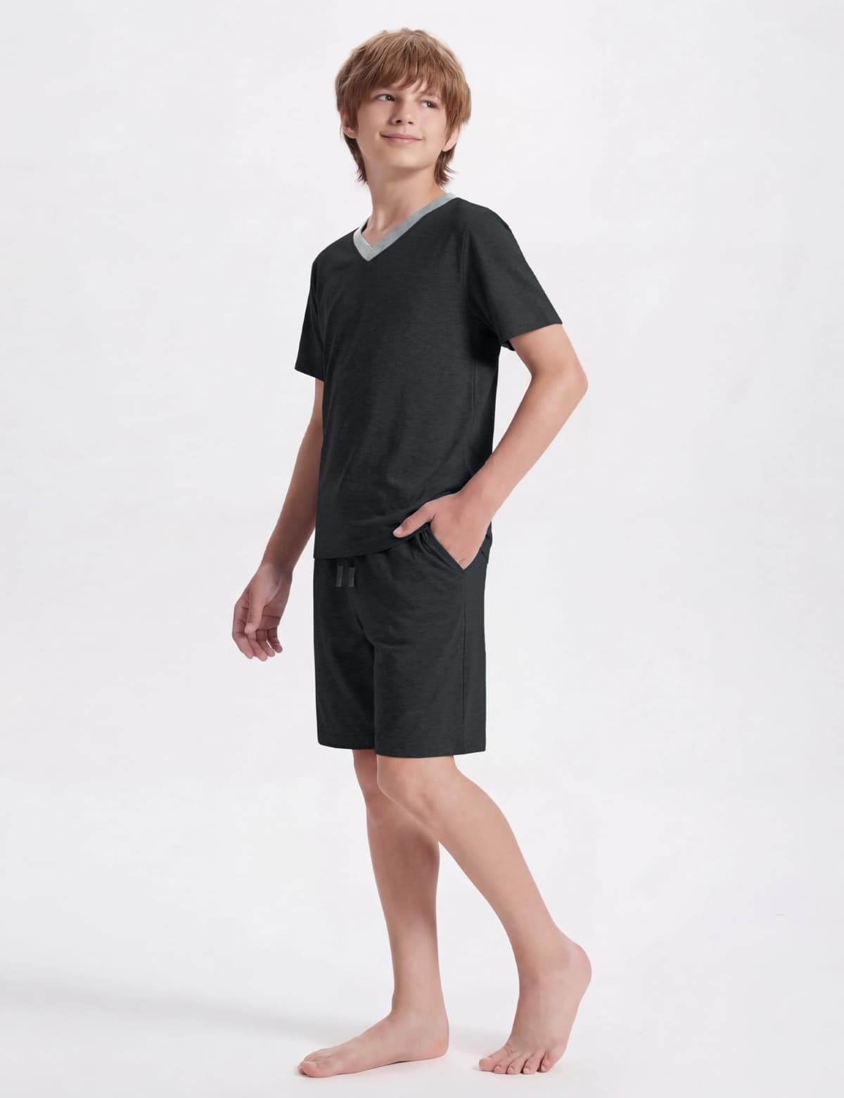 MoFiz - Pijama de niño de algodón con conjuntos de pijama corto, ropa de dormir con cuello en V, manga corta, pijama y pantalones cortos, 128 cm a 176 cm — view 2