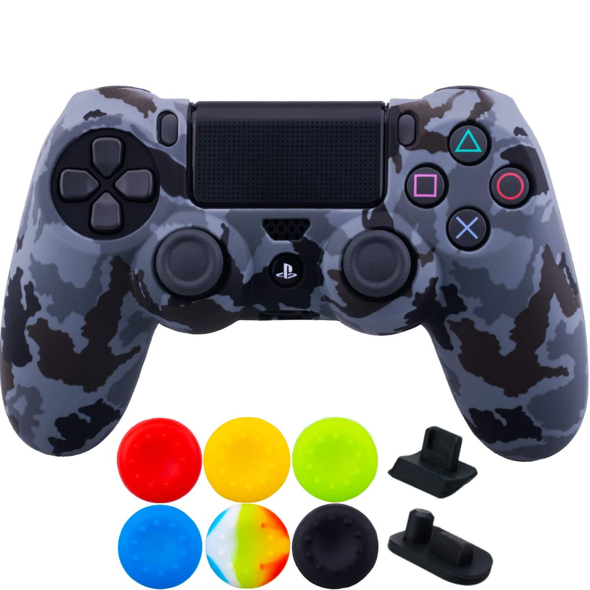 1 Piece of SiliconeTransfer Print Protective Cover Skin + 6 Thumb Grips & Dust Proof Plugs for PS4/Slim/Pro Controller Camouflage Grey