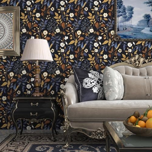 BOKEBEVE Floral Wallpaper Peel and Stick Vintage Blue Gold 17.5 x 393.5In — view 5