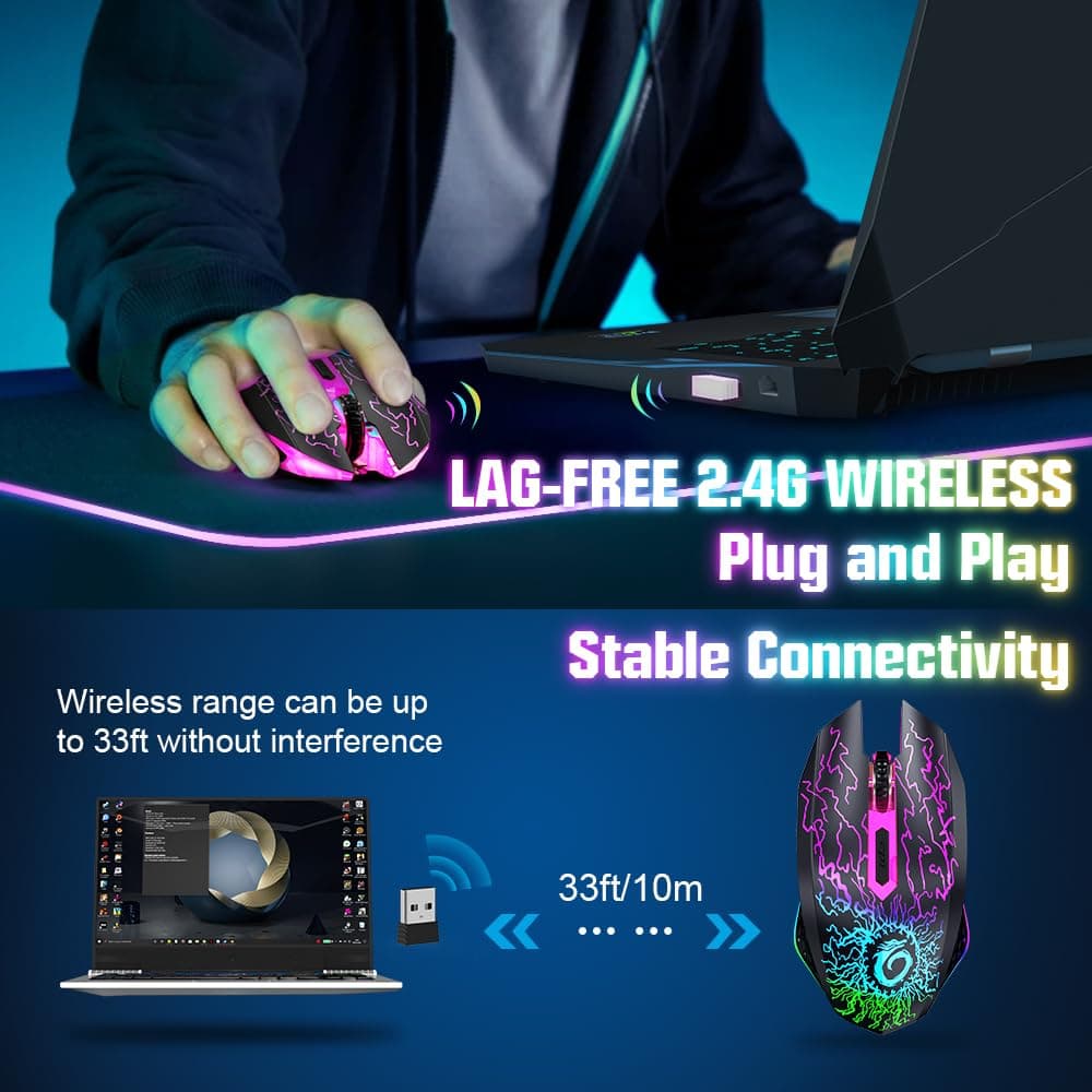 VersionTECH. Wireless Gaming Mouse, Rechargeable Computer Mouse Mice with Colorful LED Lights, Silent Click, 2.4G USB Nano Receiver, 3 Level DPI for PC Gamer Laptop Desktop Chromebook Mac -Black — view 3