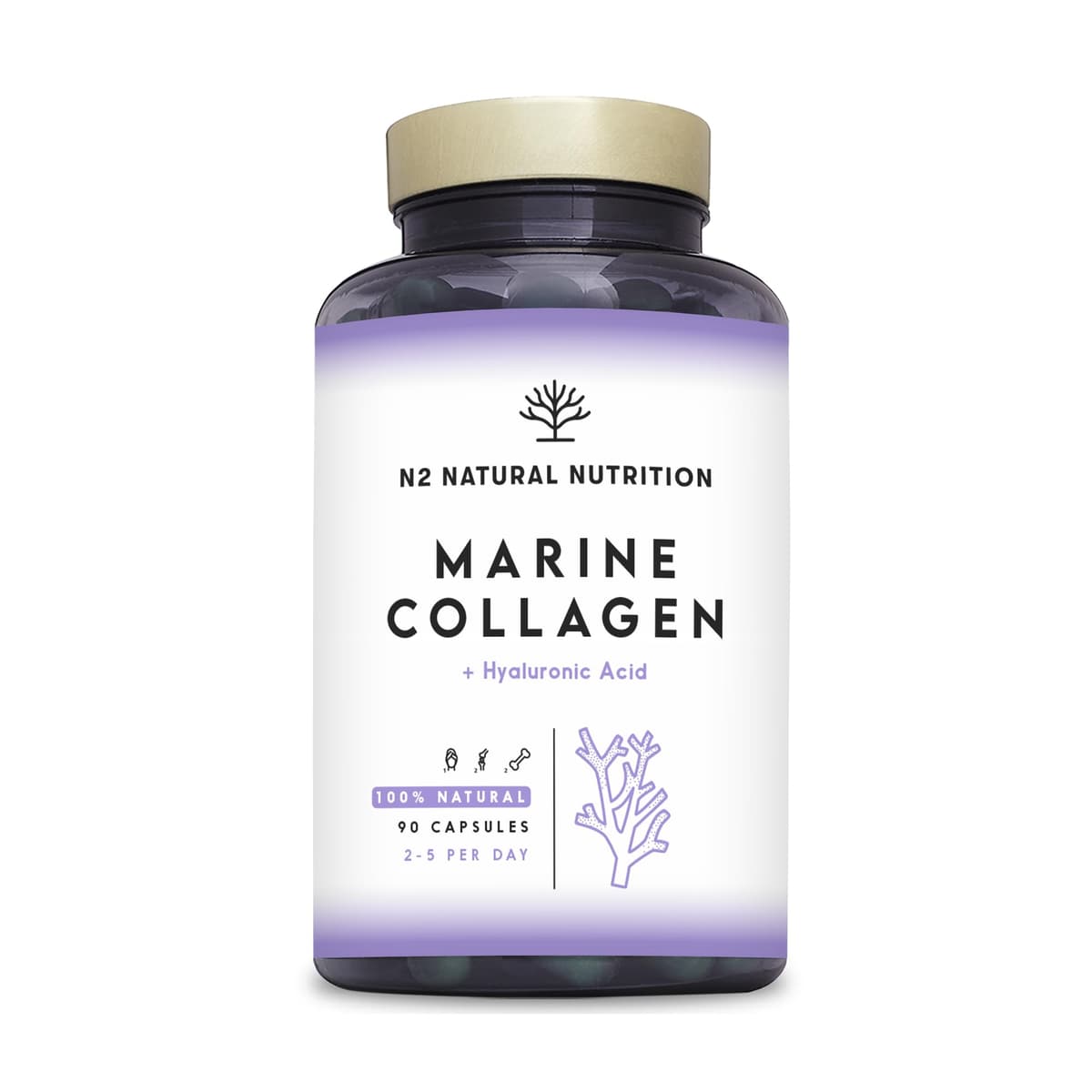 Colageno Marino Hidrolizado Puro. Peptan. Con Ácido Hialurónico y Vitamina C. 90 Caps. Alta Concentración. Suplemento Articulaciones, Piel y Huesos. Colageno con Magnesio. N2 Natural Nutrition