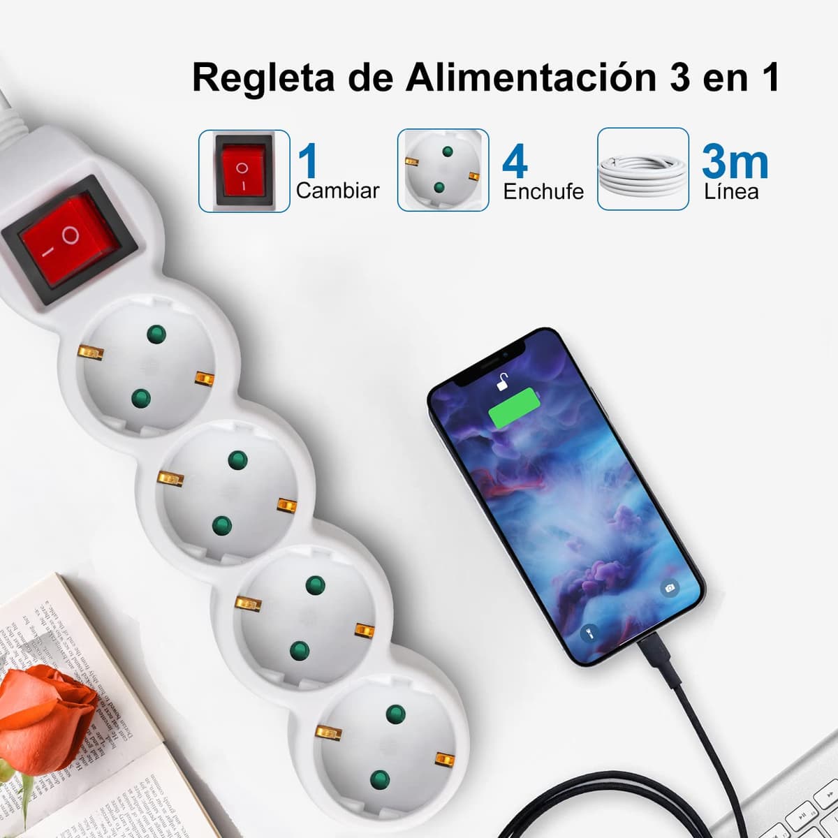 EXTRASTAR Regleta alargador de 3 Metros con 4enchufes e Interruptor Blanco — view 4
